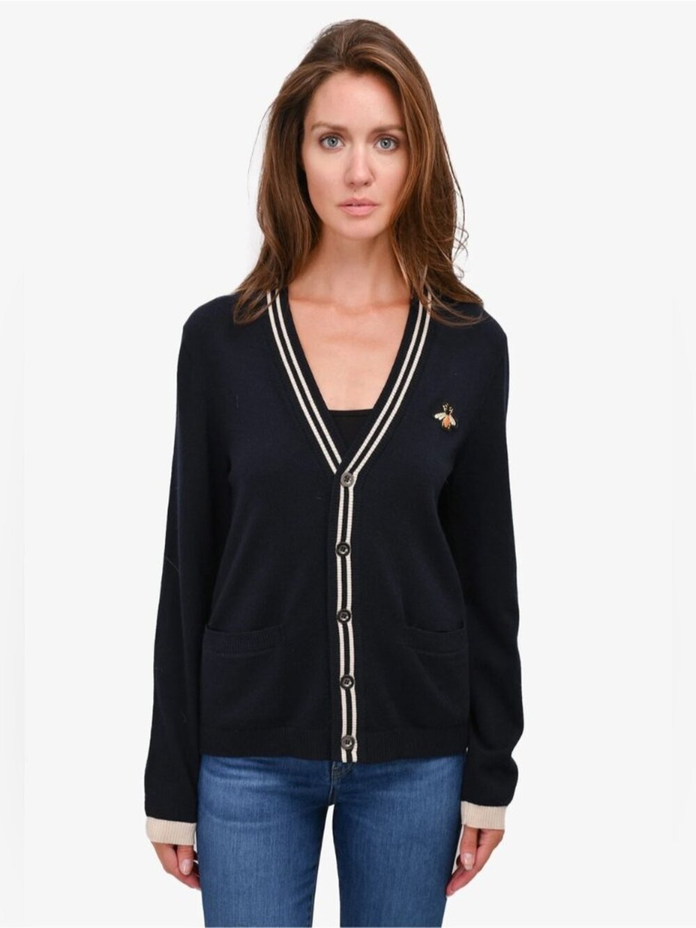 GUCCI NAVY Blue lightweight WOOL knit BEE EMBROIDERED CARDIGAN Jumper sweater M
